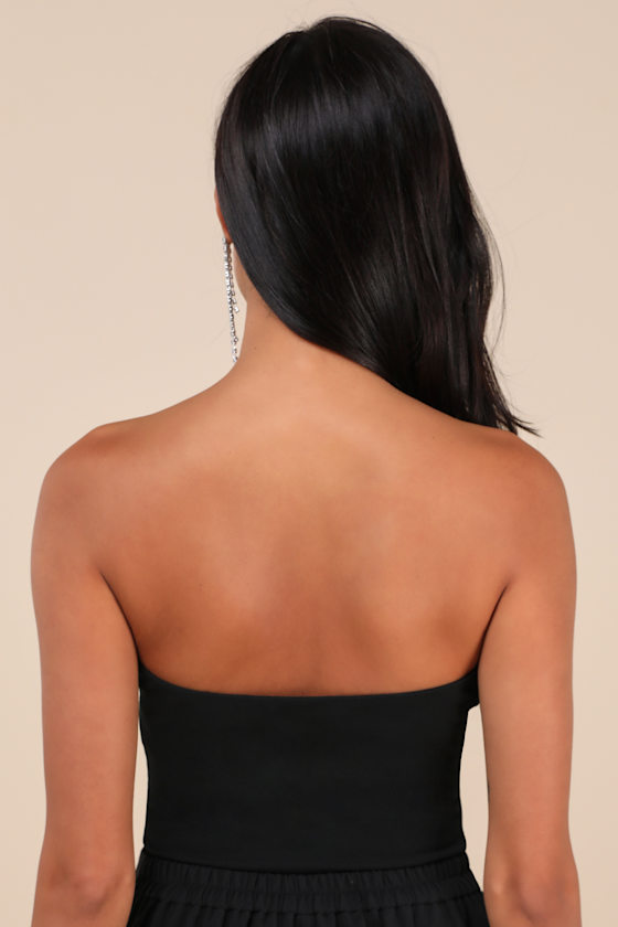Lulus Desirable Aesthetic Black Feather Strapless Bodysuit In Black