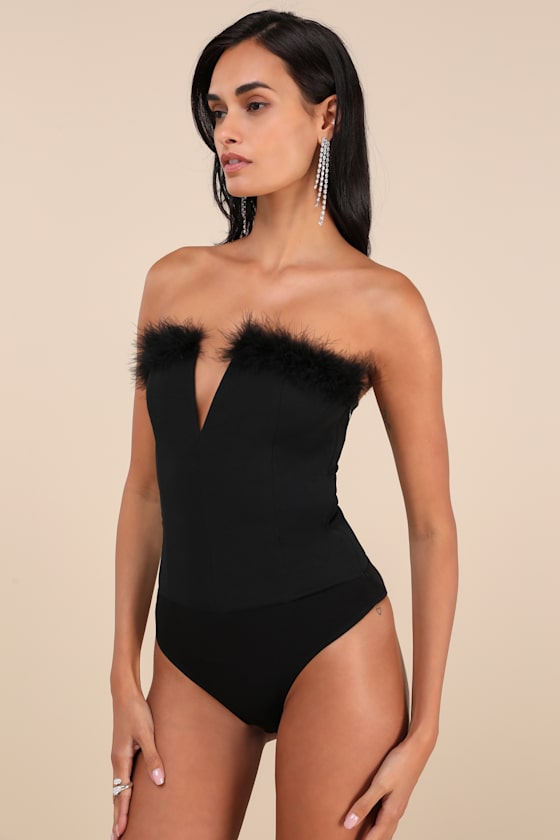 Lulus Desirable Aesthetic Black Feather Strapless Bodysuit In Black