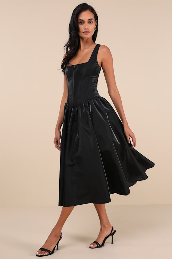 Lulus Sensationally Impressive Black Shiny Taffeta Lace-up Midi Dress In Black