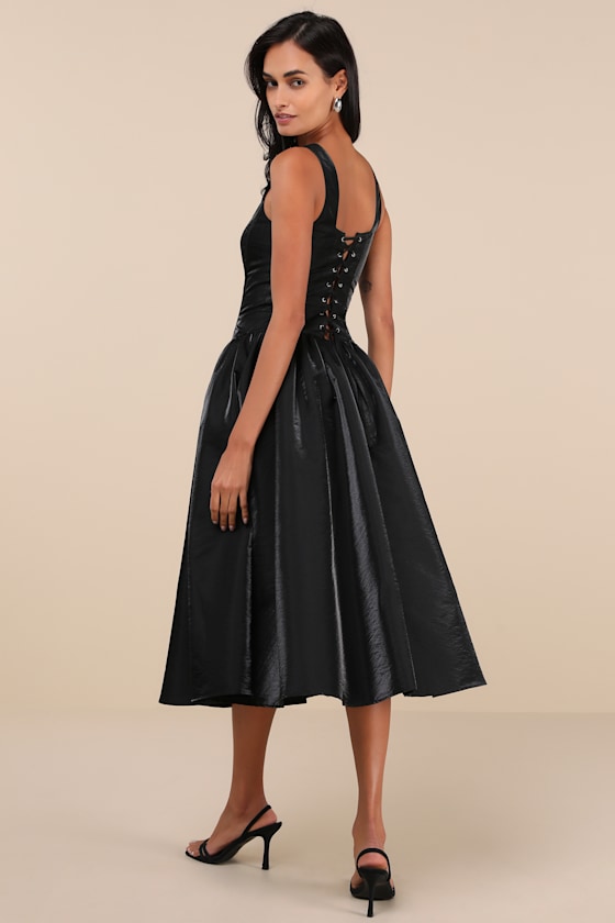 Lulus Sensationally Impressive Black Shiny Taffeta Lace-up Midi Dress In Black