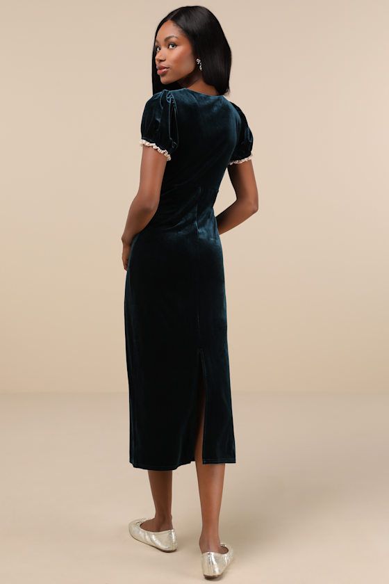 Dark Teal Velvet Dress - Velvet Midi Dress - Puff Sleeve Dress - Lulus