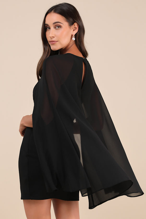 Lulus Captivating Drama Black Cape Sleeve Mini Dress In Black
