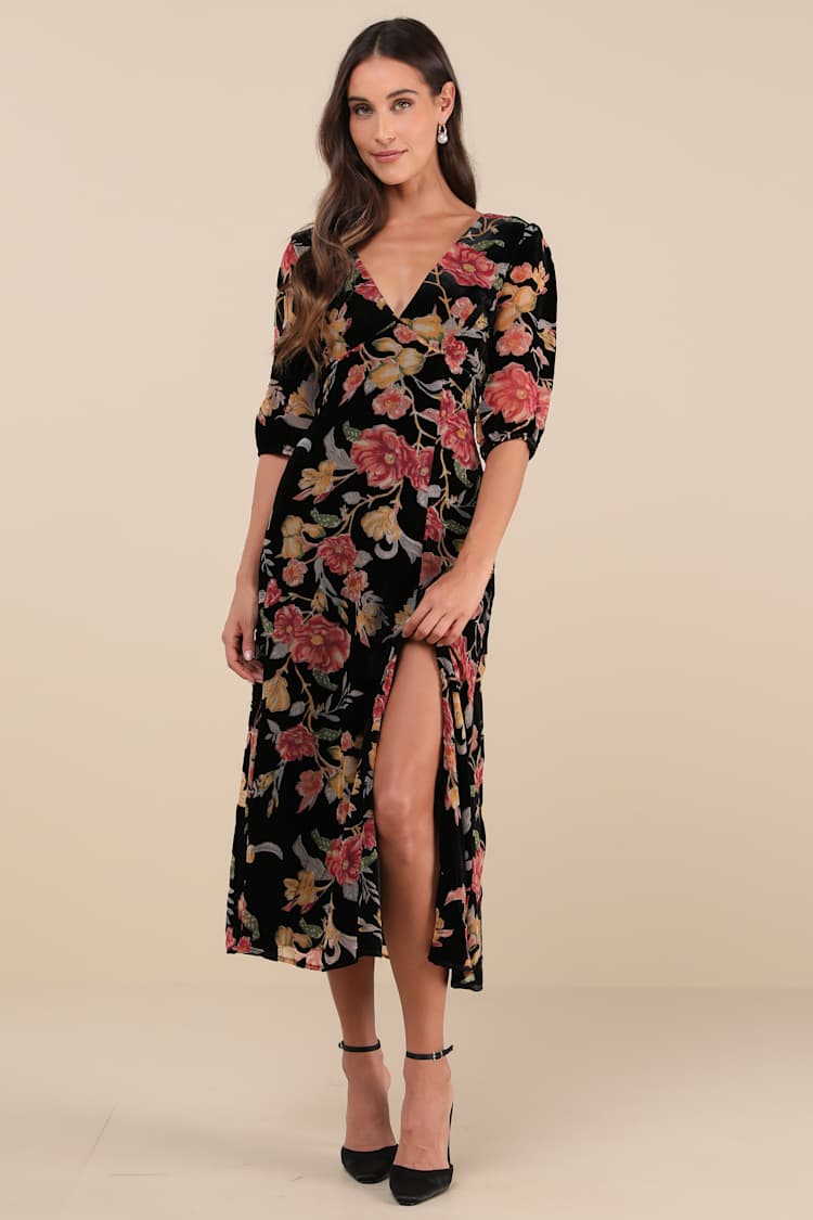 knee length dresses for ladies CHIC V-NECK MIDI DRESS WITH DRAMATIC PUFF SLEEVES (BLACK) – Dress Code Chic  Official
