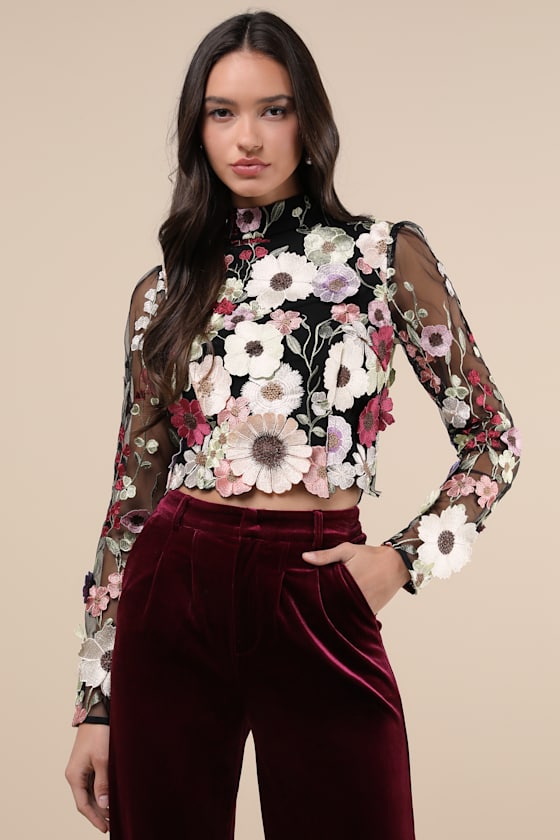 Lulus Fantastic Charisma Black 3d Floral Lace-up Top In Black
