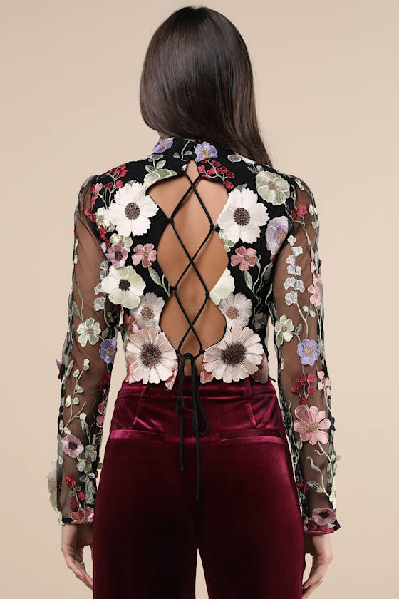 Lulus Fantastic Charisma Black 3d Floral Lace-up Top In Black