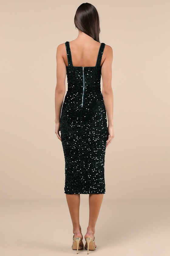 Rare London Renown Sparkle Dark Green Velvet Sequin Midi Dress In Dark Green