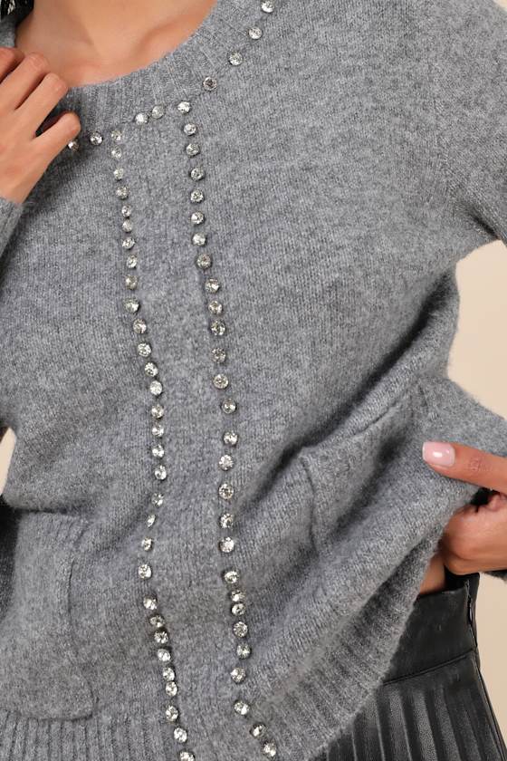 Lulus Sparkling Appeal Heather Grey Rhinestone Sweater In Heather Grey
