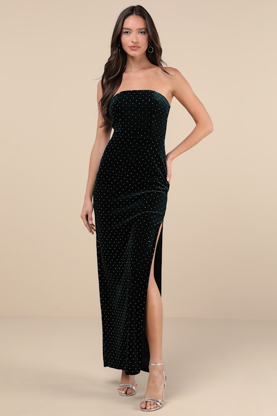 Lulus Dreamy Choice Dark Green Rhinestone Strapless Maxi Dress In Dark Green