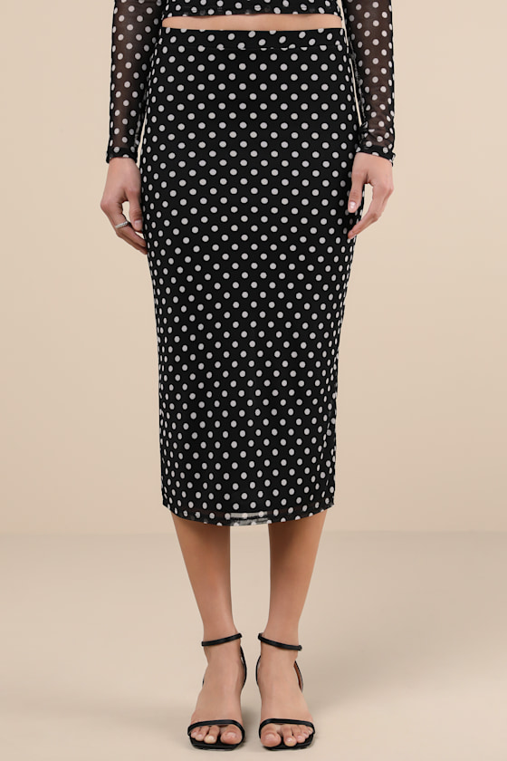 Notoriously Cute Black Polka Dot Mesh Midi Skirt 5
