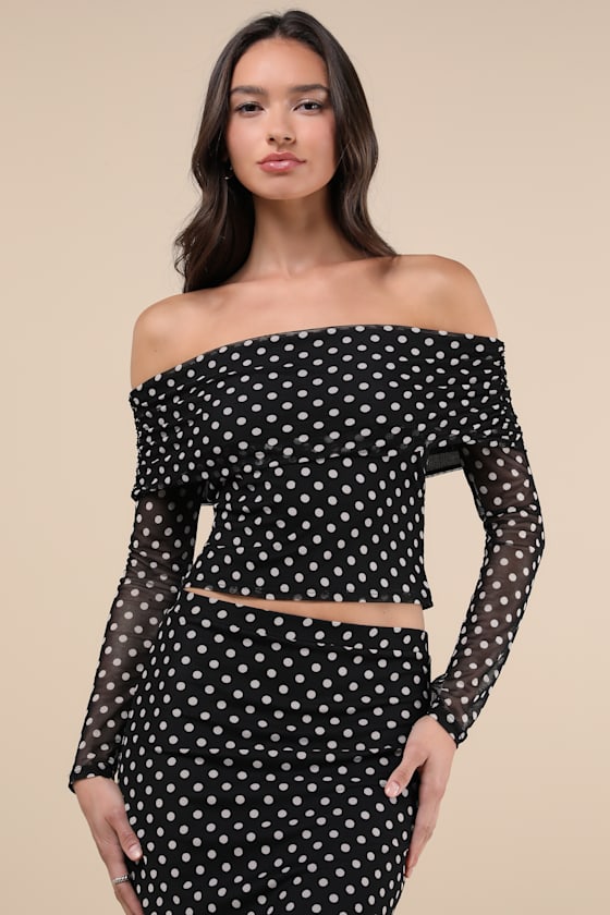Notoriously Cute Black Polka Dot Mesh Off-the-Shoulder Top 3