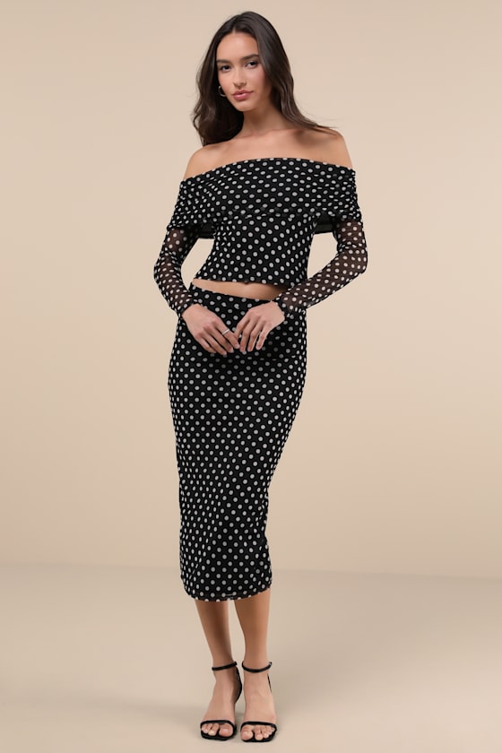 Notoriously Cute Black Polka Dot Mesh Off-the-Shoulder Top 1