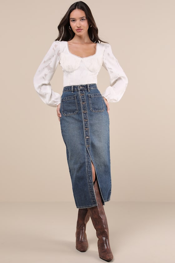 Sailor Medium Wash High-Rise Denim Midi Skirt
