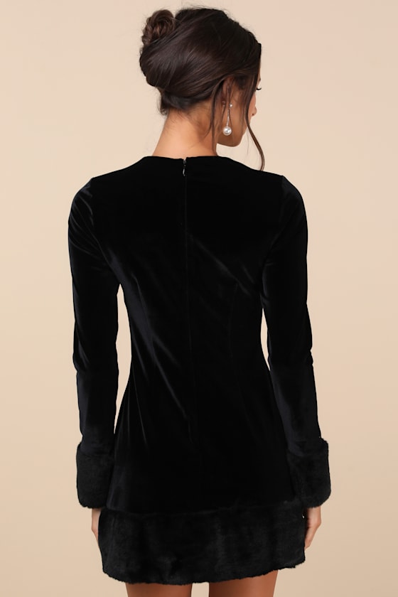 Opulent Charm Black Velvet Faux Fur Trim Mini Dress 3