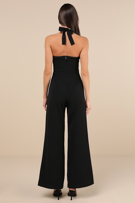 Rare London Trendy Perspective Black Bow Cutout Halter Jumpsuit In Black