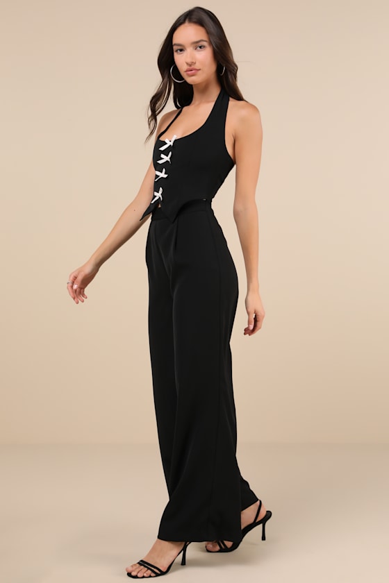 Rare London Trendy Perspective Black Bow Cutout Halter Jumpsuit In Black