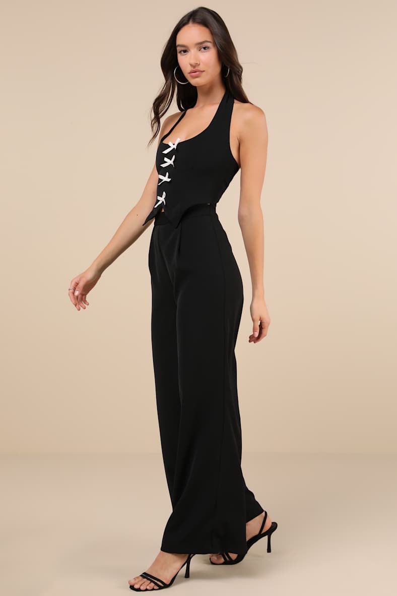 Trendy Perspective Black Bow Cutout Halter Jumpsuit