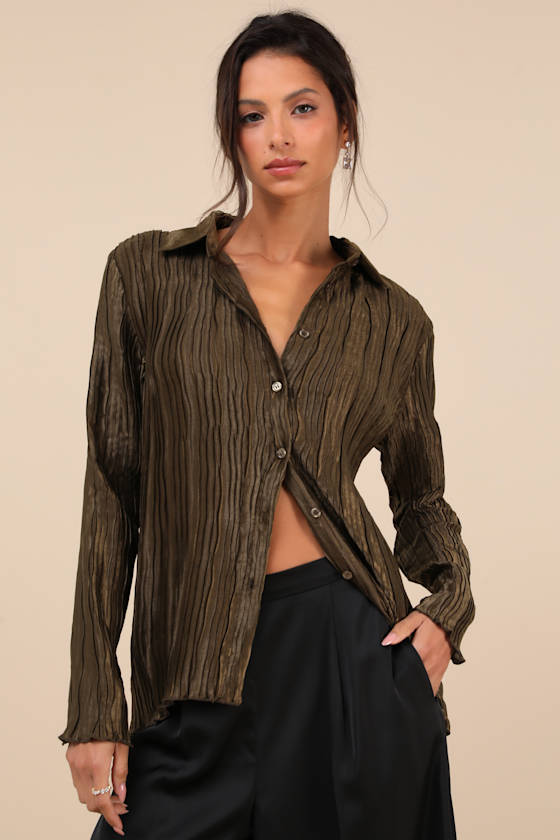 Perfected Sophistication Dark Olive Green Plisse Button-Up Top 2