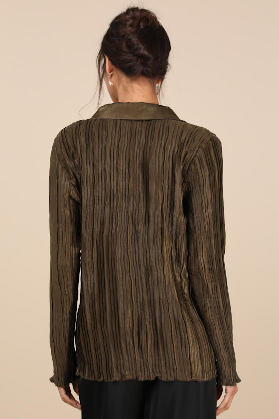 Perfected Sophistication Dark Olive Green Plisse Button-Up Top 3