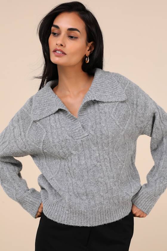 Cozy Conclusion Heather Grey Cable Knit Collared Sweater 2
