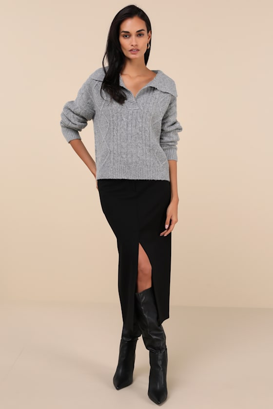 Lulus Cozy Conclusion Heather Grey Cable Knit Collared Sweater In Heather Grey