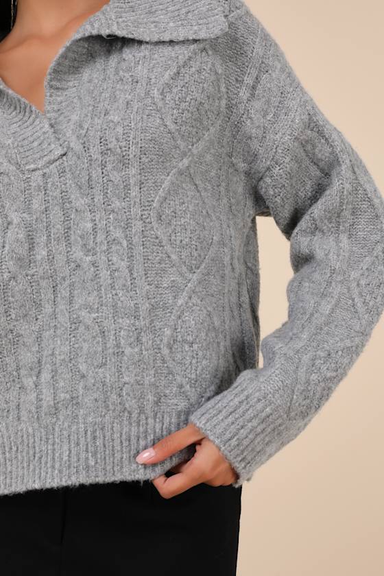 Lulus Cozy Conclusion Heather Grey Cable Knit Collared Sweater In Heather Grey