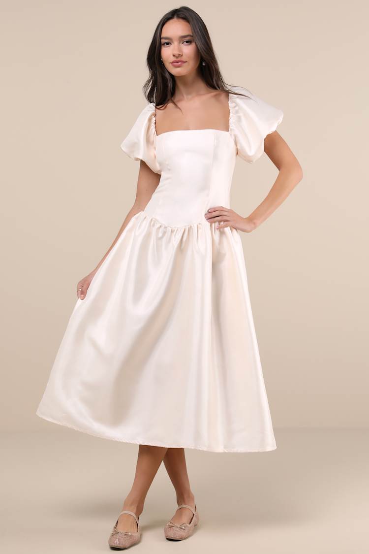 white christmas dresses 100% Cotton Oatmeal Puff Sleeve Midi Dress - All Dresses main image 0