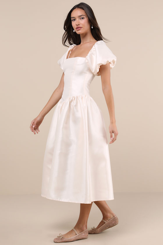 Shop Lulus Exclusive Charm Cream Taffeta Puff Sleeve Midi Dress In White