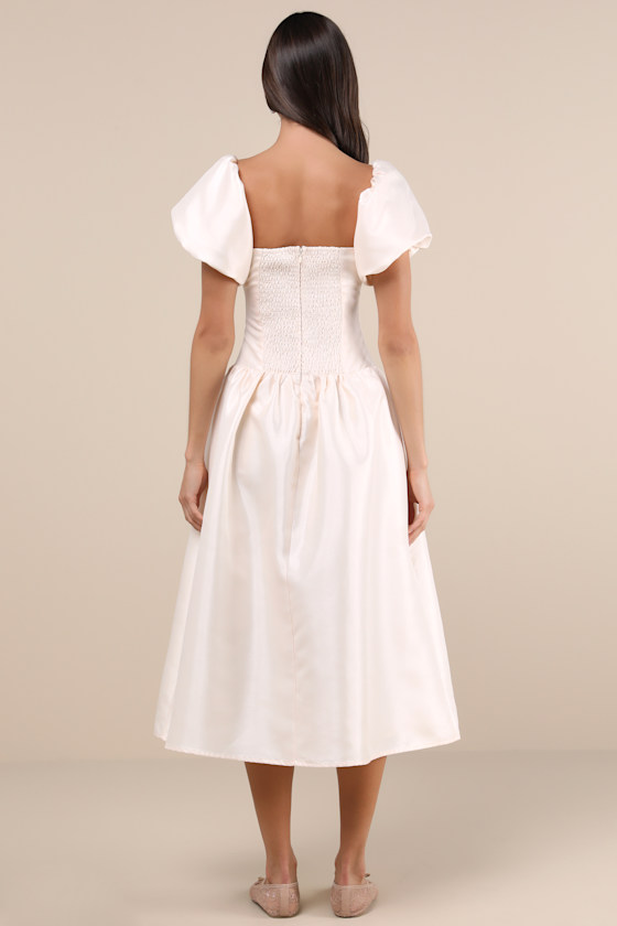 Shop Lulus Exclusive Charm Cream Taffeta Puff Sleeve Midi Dress In White