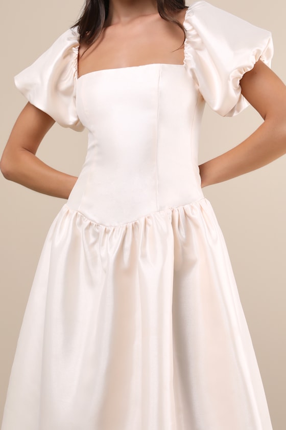 Shop Lulus Exclusive Charm Cream Taffeta Puff Sleeve Midi Dress In White