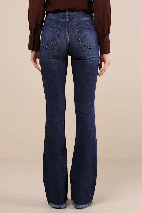 Lulus Trina Dark Wash Button-fly Flare Jeans In Blue