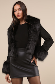 Riley Black Vegan Suede Faux Fur Cropped Jacket 2