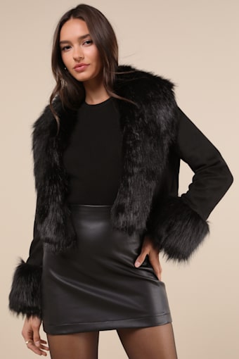 Riley Black Vegan Suede Faux Fur Cropped Jacket 2