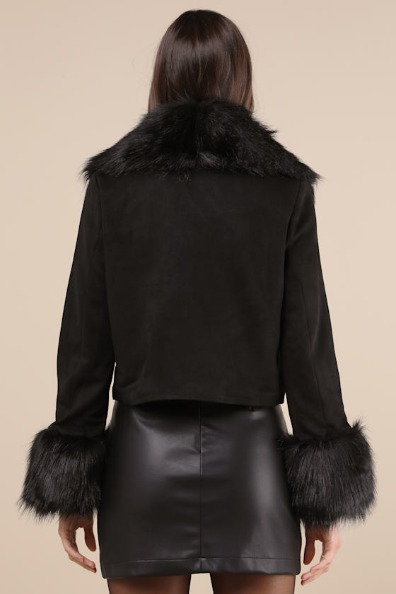 Shaci Riley Black Vegan Suede Faux Fur Cropped Jacket In Black