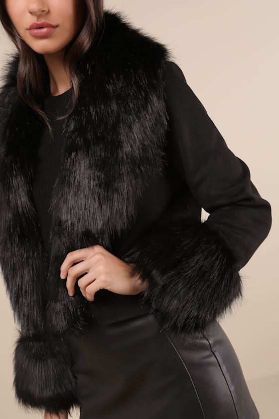 Shaci Riley Black Vegan Suede Faux Fur Cropped Jacket In Black