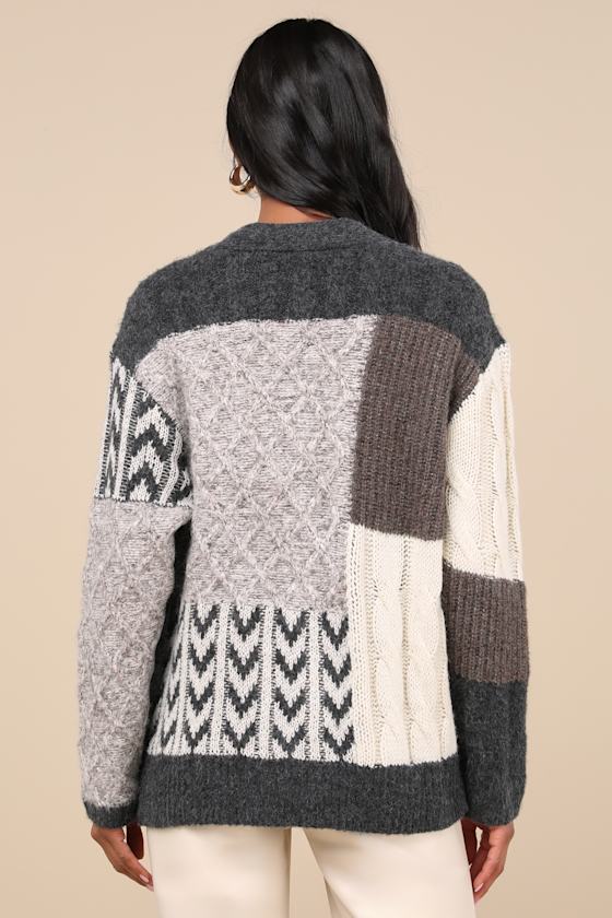 Lulus Marvelously Cozy Grey Multi Patchwork Cardigan Sweater In Grey