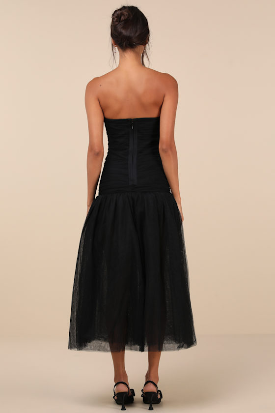 Rare London Beautifully Poised Black Tulle Ruched Drop Waist Midi Dress In Black
