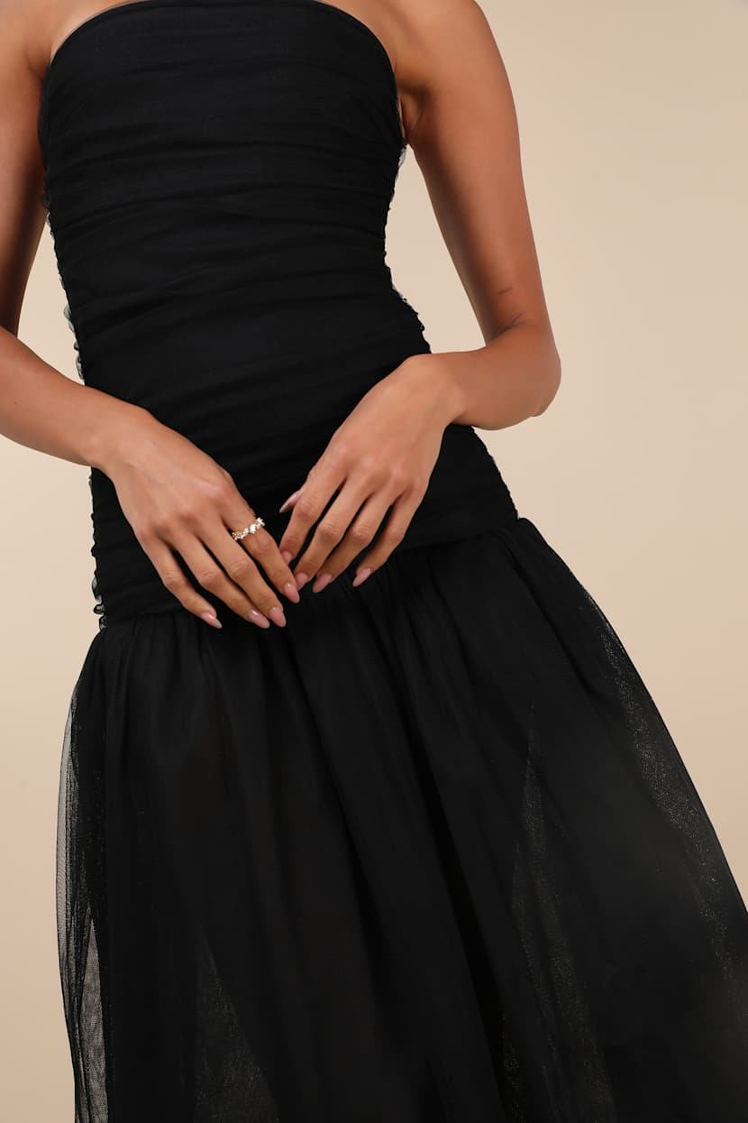 Rare London Drop Waist Dress - Black Tulle Dress - Strapless Midi - Lulus