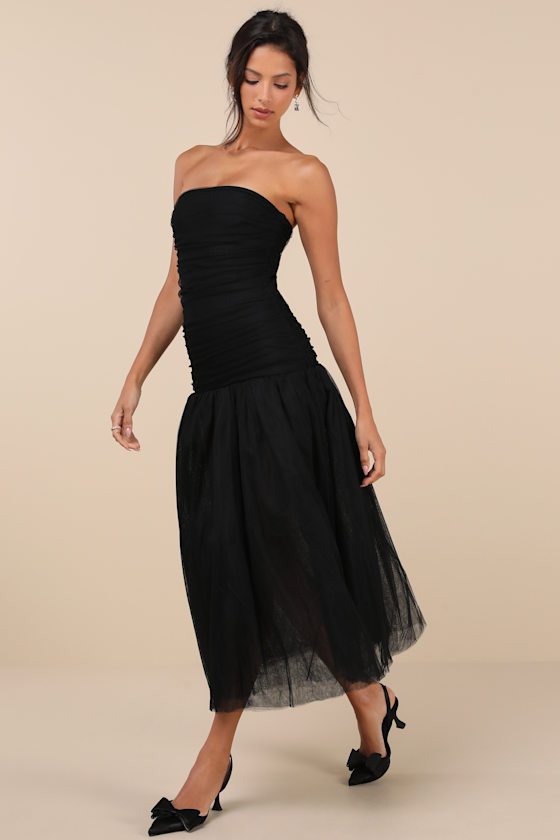 Rare London Beautifully Poised Black Tulle Ruched Drop Waist Midi Dress In Black