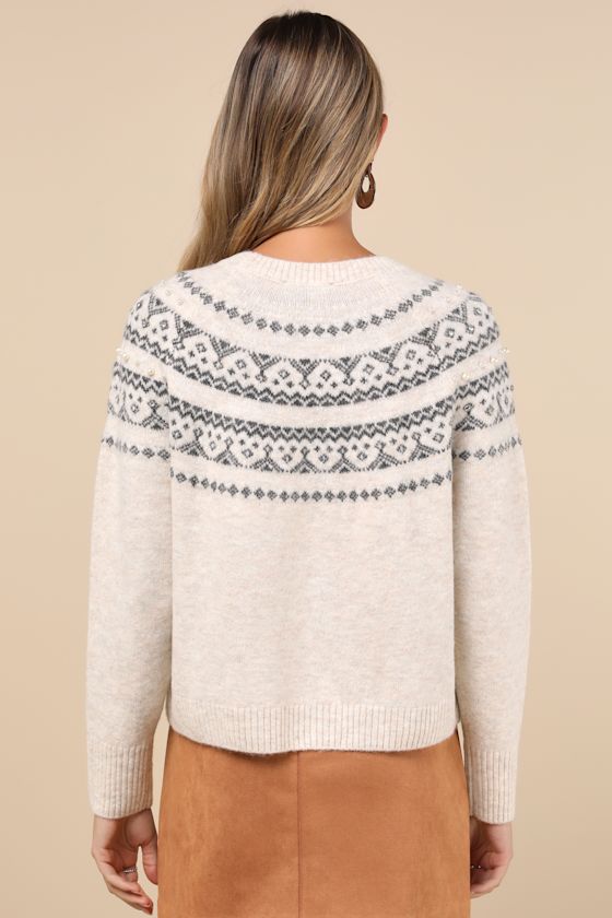 Dazzling Coziness Cream Marled Rhinestone Pearl Sweater 4