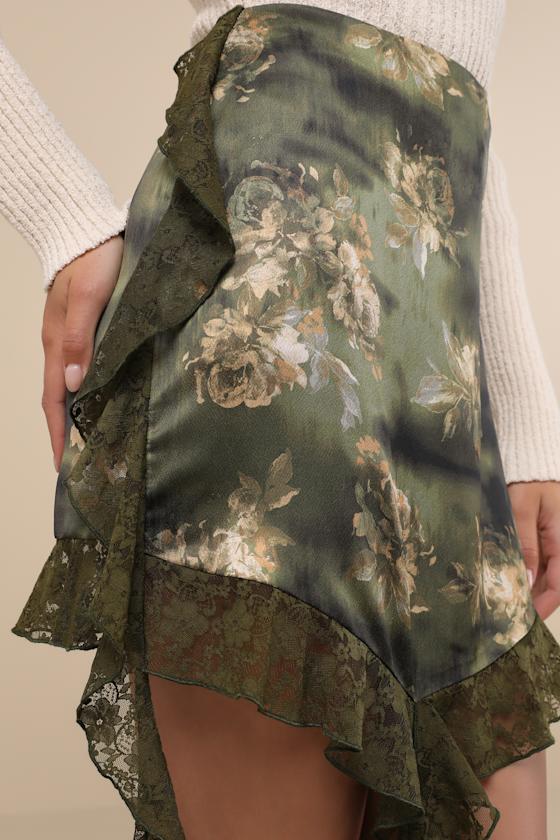 Lulus Notable Charisma Green Floral Satin Lace Tendril Mini Skirt In Green
