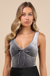 Dreamy Chicness Dark Grey Velvet Sleeveless Bodysuit 1