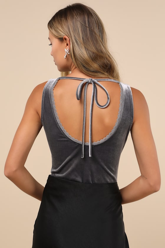 Lulus Dreamy Chicness Dark Grey Velvet Sleeveless Bodysuit In Dark Grey