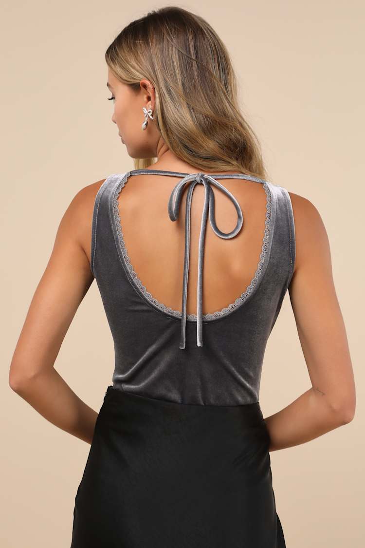 Dreamy Chicness Dark Grey Velvet Sleeveless Bodysuit