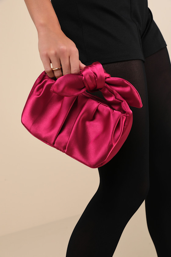 LULUS ESSENTIAL STYLE MAGENTA SATIN KNOT HANDLE CLUTCH BAG