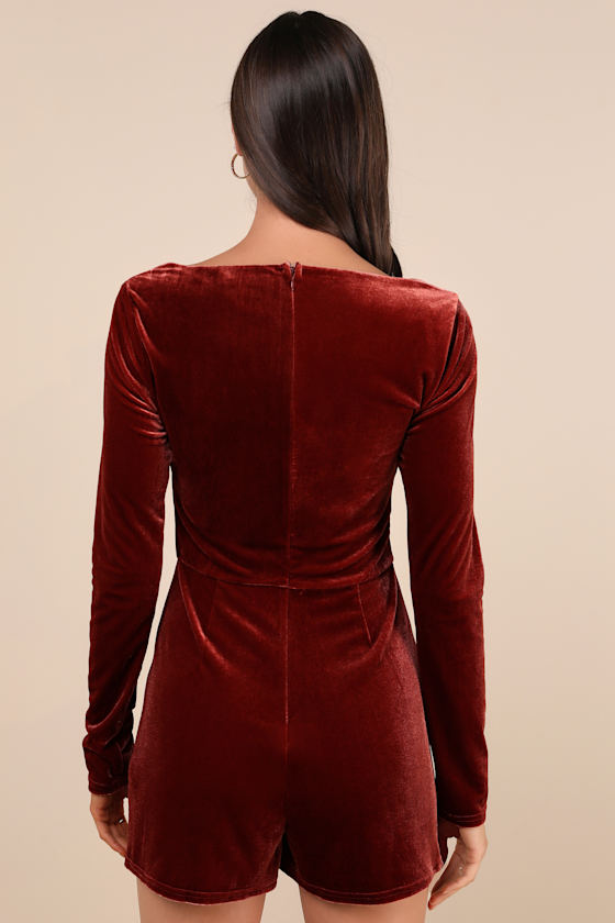 Admirable Aura Rust Velvet Long Sleeve Skort Romper 7