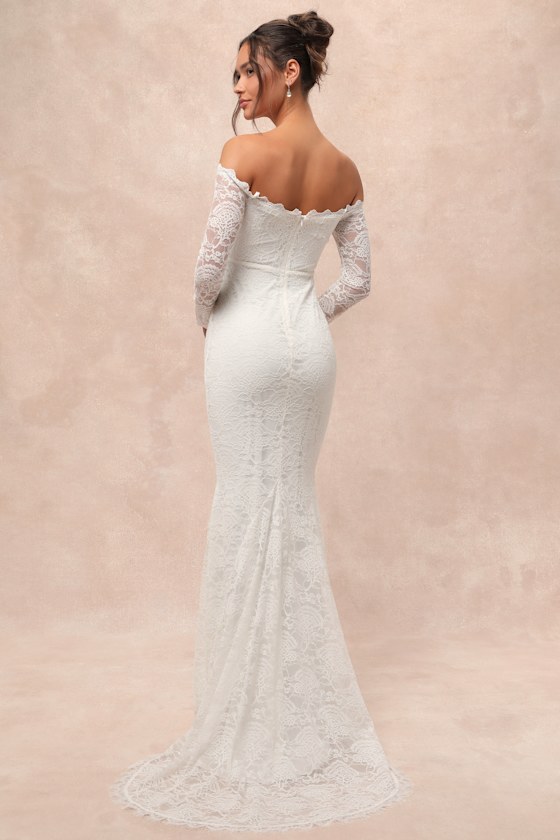 Lulus Beloved Promise White Lace Off-the-shoulder Mermaid Maxi Dress In White
