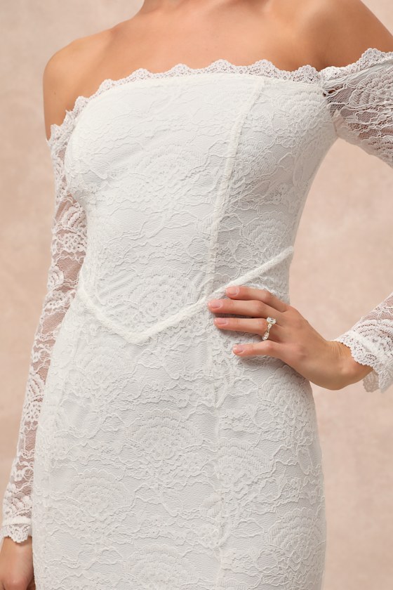 Lulus Beloved Promise White Lace Off-the-shoulder Mermaid Maxi Dress In White