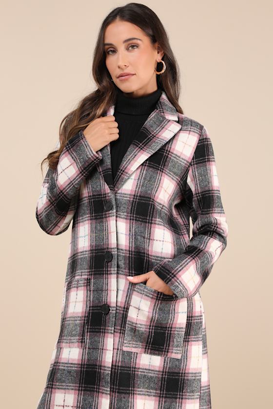 Posh Weather Black and Pink Plaid Collared Peacoat 4