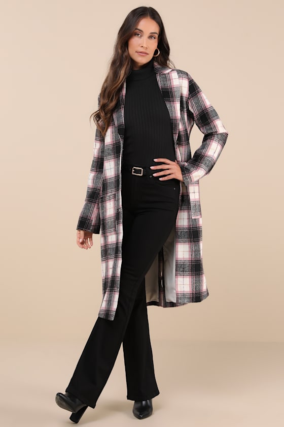 Posh Weather Black and Pink Plaid Collared Peacoat 1