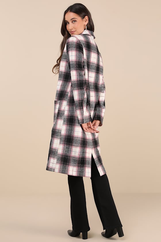 Lulus Posh Weather Black And Pink Plaid Collared Peacoat In Black